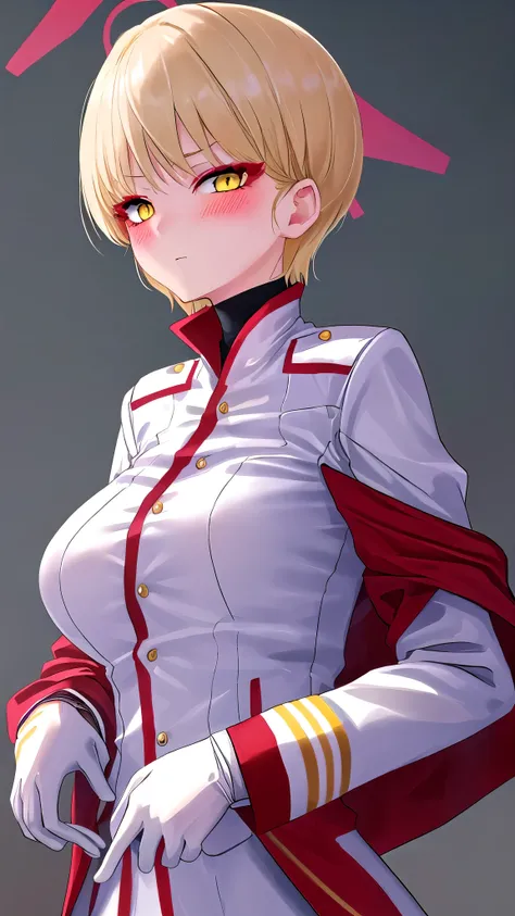 solo、{marina_bluearchive:1.15} 、very short hair in my arms、blonde、Yellow Eyes、bungs、Blush、chest、Large breasts、girl 1、jacket、Military、Militaryuniform、uniform、long sleeve、white gloves、ホワイトjacket、watch viewers、makeup、upper body、eyeshadow