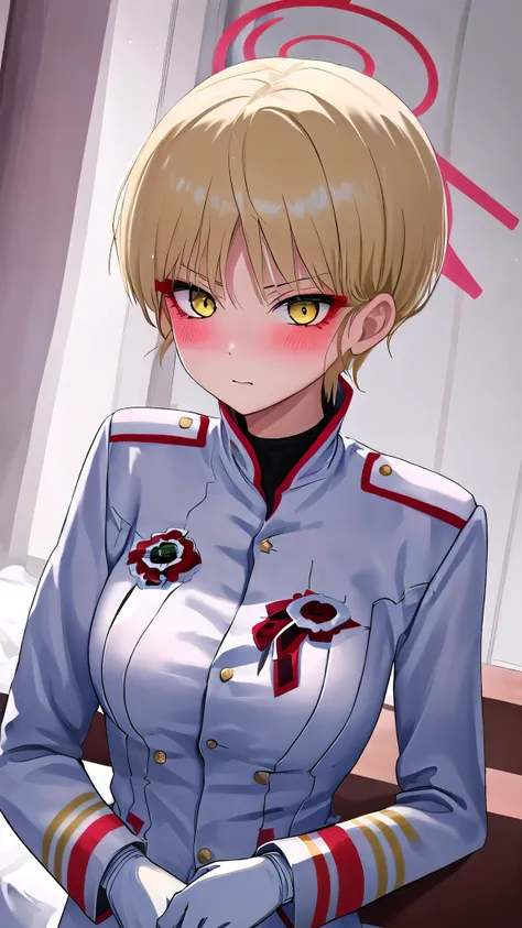 solo、{marina_bluearchive:1.15} 、very short hair in my arms、blonde、Yellow Eyes、bungs、Blush、chest、Large breasts、girl 1、jacket、Military、Militaryuniform、uniform、long sleeve、white gloves、ホワイトjacket、watch viewers、makeup、upper body、eyeshadow,高校の教室