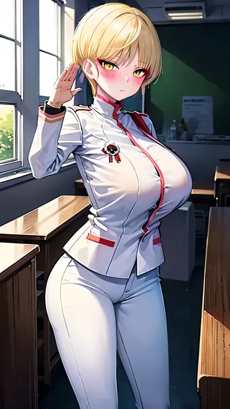 solo、{marina_bluearchive:1.15} 、short hair、blonde、yellow eyes、bungs、Blush、jacket、watch viewers、makeup、eyeshadow,Blonde