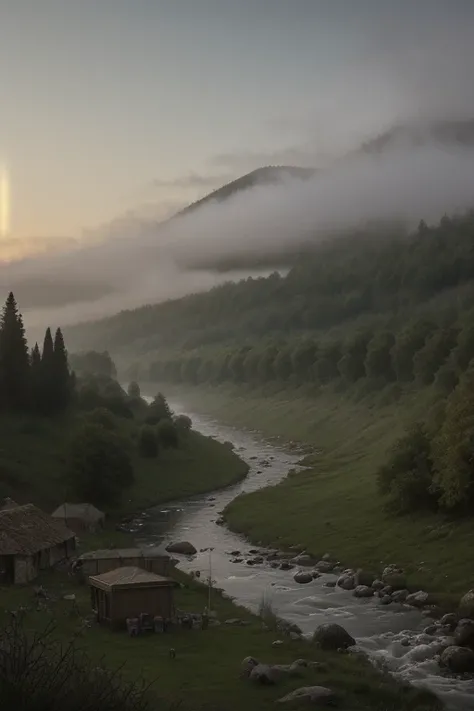 The Rubicon River at dusk A historically inspired representation of the Rubicon River, surrounded by trees and fog, with a Roman military camp in the background. The river seems calm but ominous, representing the irreversible choice that is coming.
