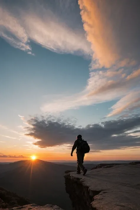 Man walking on the edge of the cliff as vibrant clouds revolve dramatically around a bright sunset