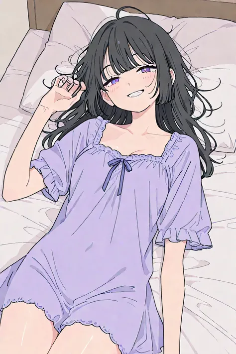 Girl waking up、nightgown、A 、lying on the bed、Angle from Above(1:6)、Grin、fine、glossy skin with fingertips、disheveled clothes