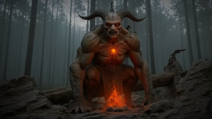 “A colossal immortal earth demon Gaia the Eternal, weakest of the four demon kings, as a massive rocky golem of cracked earth and ancient stone in a misty moonlit forest, glowing red eyes with a philosophical, weary gaze reflecting eternal loneliness, subt...