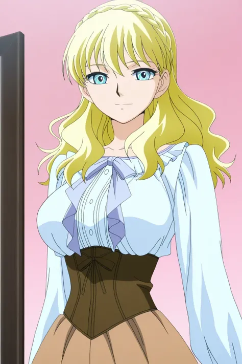 傑作、Best quality、Best resolution、Best image quality、amazing quality、 very aesthetic、 absurdres、anime coloring、anime screencap、anime screenshot、1girl、mii、anime girl with blue eyes and long blonde hair、solo、変化 in frilled blouse、portrait of change ta、blonde ha...