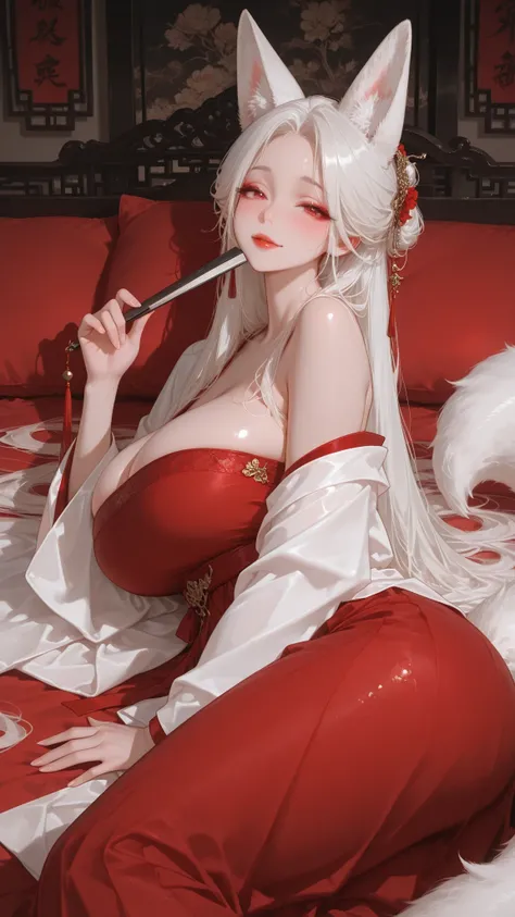 fox girl, kemonomimi, white fox ears, white hair, long hair, straight hair, parted hair, updo, parted hair, hair strand, red eyes, long eyelashes, big beautiful eyes, Hanfu robe, white robe, tow-toned dress, red dress, long sleeves, flowing sleeves, young ...