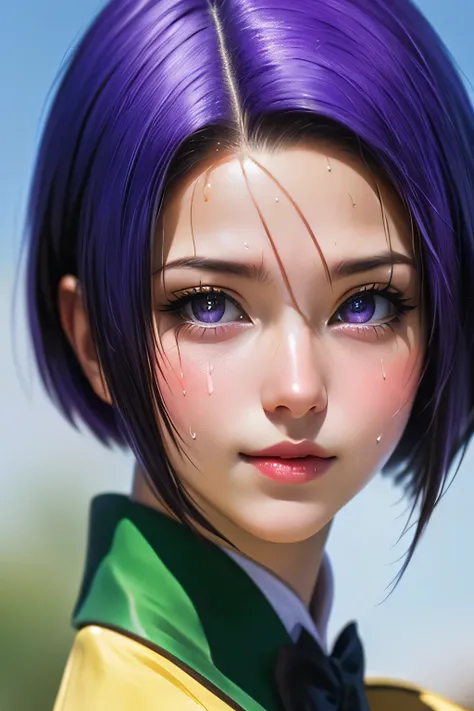 PERFECT ANATOMY　Highest Quality,highest resolution,(((shiny yellow uniform　blazer after face　shiny checked green skirt　Shiny Purple Hair　short hair　sweat　shiny skin)))　Tolove　Haruna Sairenji