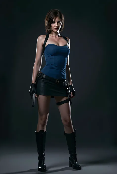 Lauren Cohan as Jill Valentine, black boots, black hair, skirt, blue top, Resident Evil Apocalypse, "view portrait", sexy pose, sexy posing
