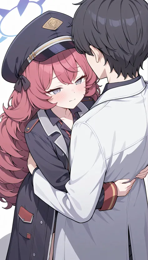 1girl and 1male(iroha (blue archive),grey eyes,red hair,long hair,halo,small breasts,hat,black shirt,red necktie,boots,iroha-default,black jacket,　next to,　Kevin, masterpiece, Best Quality, very aesthetic, 1male, cool, Adult male, Height 175cm, male colleg...