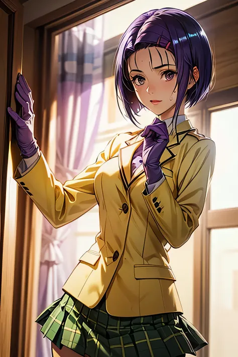 PERFECT ANATOMY　Highest Quality,highest resolution,(((shiny yellow uniform　blazer after face　shiny checked green skirt　Shiny Purple Hair　short hair　sweat　shiny skin)))　Tolove　Haruna Sairenji