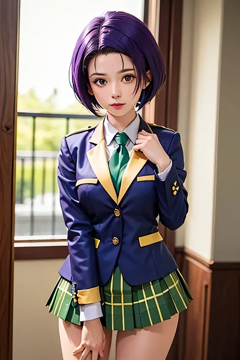 PERFECT ANATOMY　Highest Quality,highest resolution,(((shiny yellow uniform　blazer after face　shiny checked green skirt　Shiny Purple Hair　short hair　sweat　shiny skin)))　Tolove　Haruna Sairenji