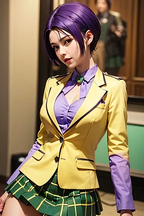 PERFECT ANATOMY　Highest Quality,highest resolution,(((shiny yellow uniform　blazer after face　shiny checked green skirt　Shiny Purple Hair　short hair　sweat　shiny skin)))　Tolove　Haruna Sairenji