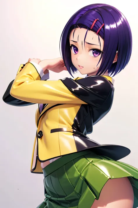 PERFECT ANATOMY　Highest Quality,highest resolution,(((shiny latex yellow uniform　blazer after face　shiny checked green skirt　Shiny Purple Hair　short hair　sweat　shiny skin)))　Tolove　Haruna Sairenji