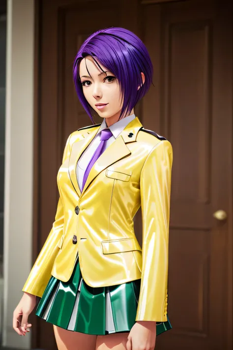PERFECT ANATOMY　Highest Quality,highest resolution,(((shiny latex yellow uniform　blazer after face　shiny checked green skirt　Shiny Purple Hair　short hair　sweat　shiny skin)))　Tolove　Haruna Sairenji