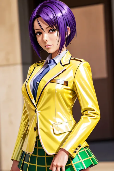 PERFECT ANATOMY　Highest Quality,highest resolution,(((shiny latex yellow uniform　blazer after face　shiny checked green skirt　Shiny Purple Hair　short hair　sweat　shiny skin)))　Tolove　Haruna Sairenji
