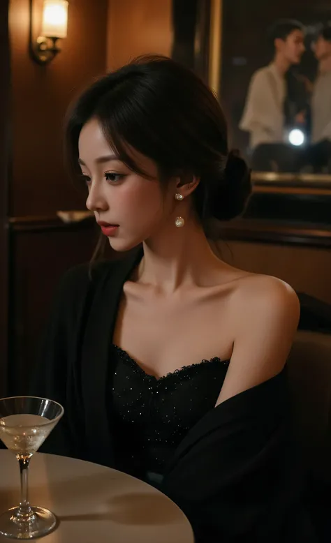 masterpiece, photography, 8k wallpaper, beautiful young woman with elegant updo, (sophisticated beauty:1.3) with classic red lipstick and defined features, (absorbed listening:1.4) at intimate jazz bar table, stylish evening outfit with black cocktail dres...