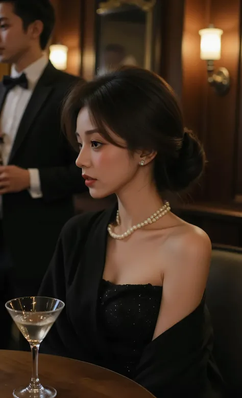 masterpiece, photography, 8k wallpaper, beautiful young woman with elegant updo, (sophisticated beauty:1.3) with classic red lipstick and defined features, (absorbed listening:1.4) at intimate jazz bar table, stylish evening outfit with black cocktail dres...