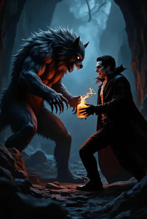 A werewolf beats a Vampire, . The vampire has a potion on his belt {x}, the confrontation between two huge forces, inscription "Only one"  at the bottom of the picture deserves
