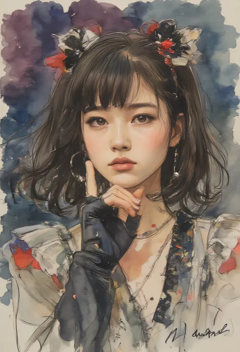 Beautiful Girl Portrait Watercolor Painting, Enthusiastic Stage Performance Theme、Pose where you raise your chin up and look down、ink stained background, apparent sketch、yuimetal 、sketching
