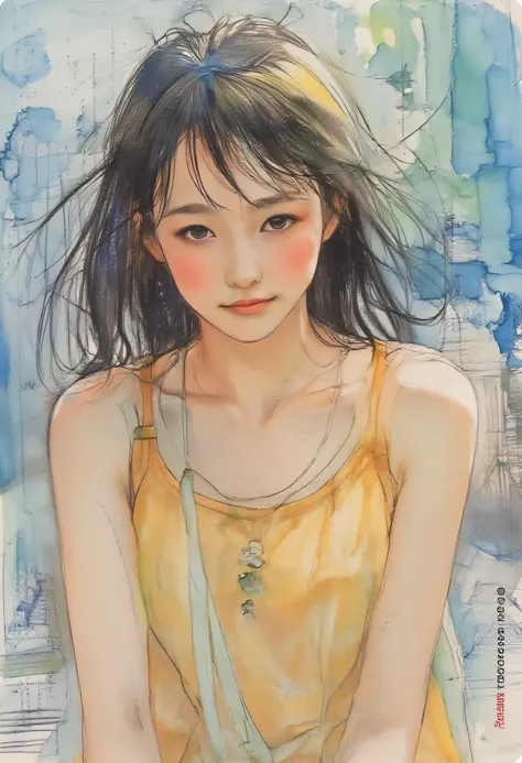 美少女のPortrait水彩画, Portrait、Stage performance、Smiling pose、ink stained background, apparent sketch、Shepherdess Ribo 、sketching