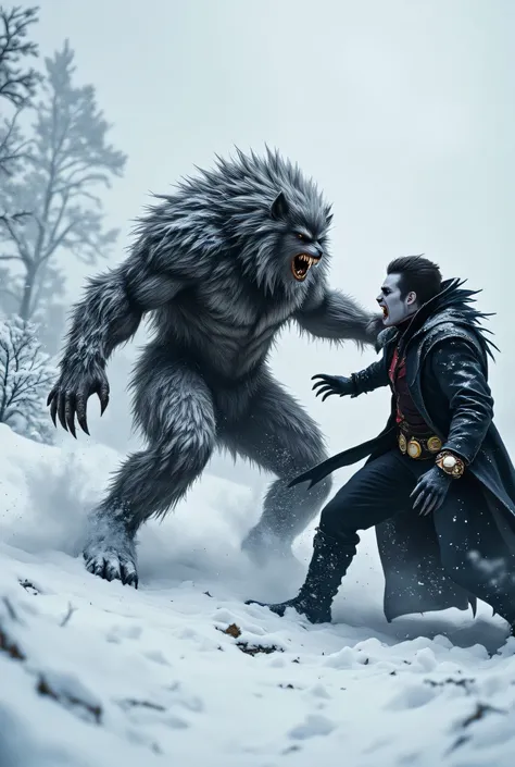 A werewolf beats a Vampire, . The vampire has a potion on his belt {x}, the confrontation between two huge forces, inscription "Only one"  at the bottom of the picture deserves
Снег вокруг