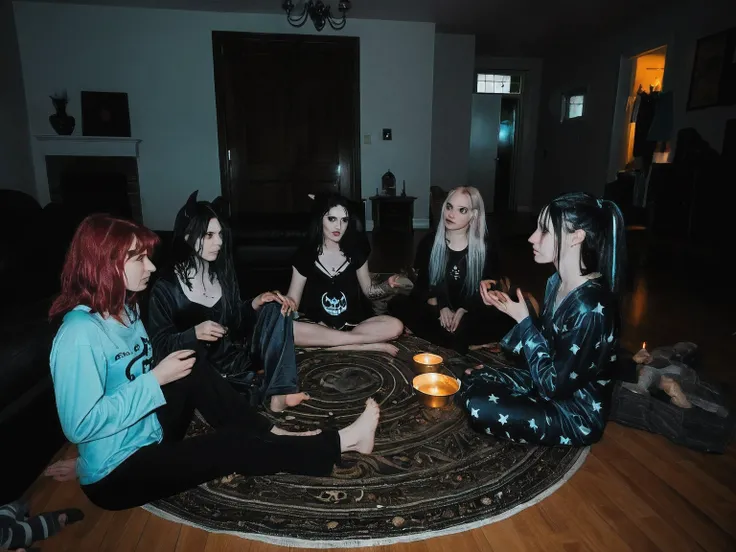 lazypos, photography, indoors, low-light photography, chiaroscuro lighting, dimly lit, cluttered living room, dark aesthetic, pajama party, young adult women, group of goths sitting in a circle on the floor wearing pajamas, practicing witchcraft