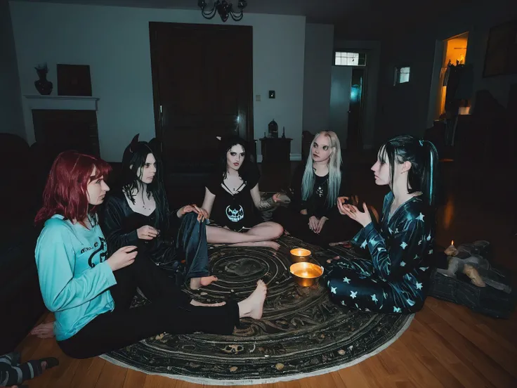 lazypos, photography, indoors, low-light photography, chiaroscuro lighting, dimly lit, cluttered living room, dark aesthetic, pajama party, young adult women, group of goths sitting in a circle on the floor wearing pajamas, practicing witchcraft