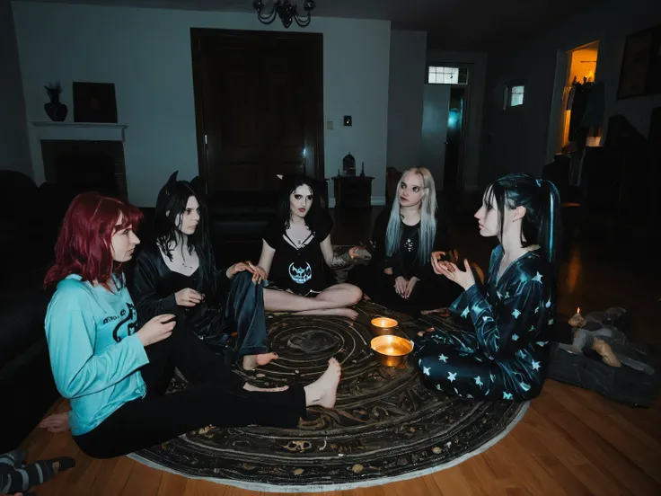 lazypos, photography, indoors, low-light photography, chiaroscuro lighting, dimly lit, cluttered living room, dark aesthetic, pajama party, young adult women, group of goths sitting in a circle on the floor wearing pajamas, practicing witchcraft
