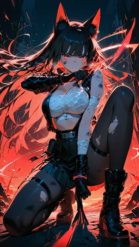 (masterpiece, best quality, ultra-detailed, anime style, cinematic lighting, dramatic tension, short sequence),<Akakitsune>, fox_ears, red_eyes, long_black_hair, blunt_bangs,
white_sarashi_top, japanese_open_clothes, black_pleated_mini_skirt,large breasts,...