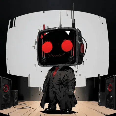 (masterpiece, high quality:1.2), solo, normal, square head, robot_skin black, Television face, dot eyes, glitch mouth, glitch face, radio head, robot, chibi style, wearing black gloves, black suit, red tie, long trench coat, black coat, rubber skin,