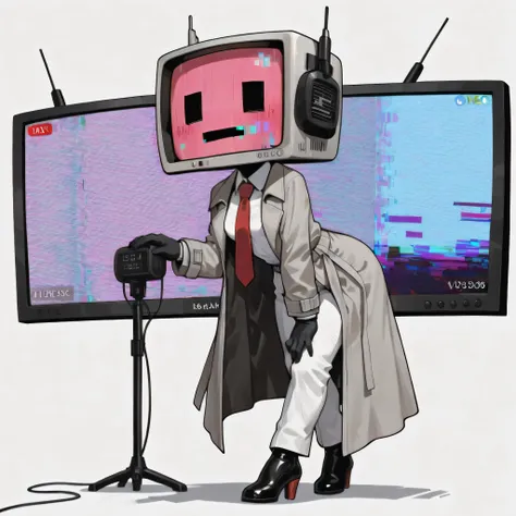 (masterpiece, high quality:1.2), 1girl, solo, normal_face, cute, square head, digital face, robot_skin black, Television face, normal_face, dot eyes, glitch mouth, glitch face, pink face, radio head, robot, chibi style, wearing black gloves, white suit, re...