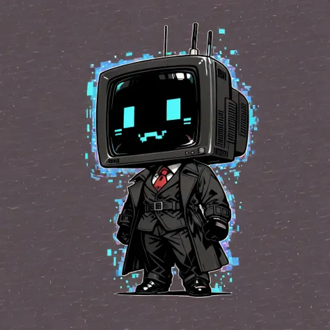 (masterpiece, high quality:1.2), pixel, solo, Normal, square head, robot_skin black, Television face, dot eyes, glitch mouth, glitch face, radioman, chibi style, wearing black gloves, black suit, red tie, long trench coat, black coat, pixel jump, jump, cut...