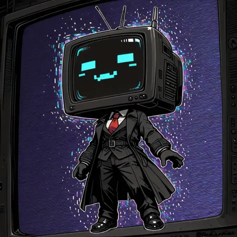 (masterpiece, high quality:1.2), pixel, solo, Normal, square head, robot_skin black, Television face, dot eyes, glitch mouth, glitch face, radioman, chibi style, wearing black gloves, black suit, red tie, long trench coat, black coat, pixel jump, jump, cut...