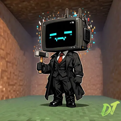 (masterpiece, high quality:1.2), pixel, (Minecraft_background), solo, normal_face, square head, robot_skin black, Television face, dot eyes, glitch mouth, glitch face, radioman, chibi style, wearing black gloves, black suit, red tie, long trench coat, blac...