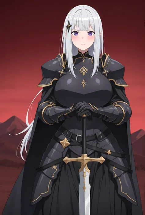 (Score_9 , score_7:0 . 6) , (masterpiece , best quality , good quality , newest:0 . 6) score_7_up , anime coloring, long dress, Satella, Anime, 1girl, Mature Female, pointy ears, long hair, hair ornament, blush, silver hair, Cloaked in anger , lips, purpl...