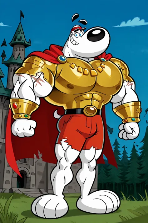 A Giant strong muscular barbarian dudley puppy (T.U.F.F Puppy), giant white dog, cartoon 2d style, giant size, macro size, 50-foot size, 100 feet tall, close focus, muscular body, big castle background, a green giant beanstalk behind, Masterpiece, best qua...