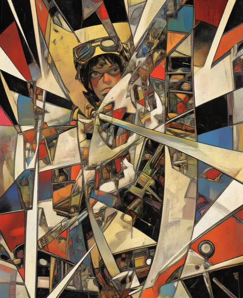 . A young engineer wields a sword and uses it to shatter the fabric of reality: Deconstructivism..  Bauhaus . Picasso. Stile di Mondrian. detailed illustration