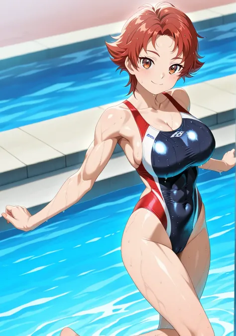 傑作、Best quality、Best resolution、Best image quality、amazing quality、 very aesthetic、 absurdres、anime coloring、anime screencap、anime screenshot、1girl、natsuki rin、short red hair、short brown hair、brown eyes、flipped hair、spiked hair、solo、anime girl is wearing a...