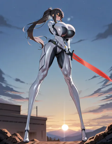 masterpiece, Highest Quality, mini-g14ntess, (tall: 1.7) , (too Long Legs: 1.9), a girl, wearing battle suit, (Huge breasts: 1.3), (small face: 1.2), Ponytail, muscular, serious face,  dark haired, sweaty, having a large curved sword by both hands, outdoor...