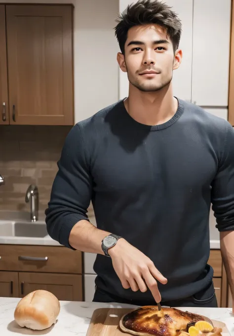 white guy,  nasolabial folds ,   thin lips   ,    brown eyes , black hair,   athletic body ,  Blood vessels are visible in the arms ,    Wide range   ,    Tall body      ,  young and handsome face, sharp gaze  , Highest Quality ,  Extremely Detailed  ,hand...