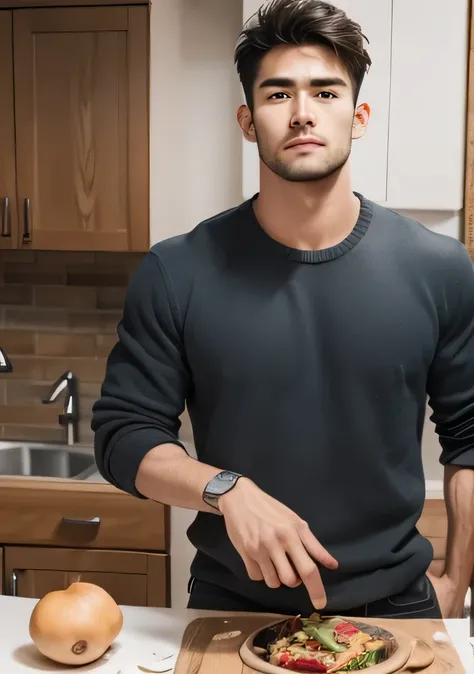 white guy,  nasolabial folds ,   thin lips   ,    brown eyes , black hair,   athletic body ,  Blood vessels are visible in the arms ,    Wide range   ,    Tall body      ,  young and handsome face, sharp gaze  , Highest Quality ,  Extremely Detailed  ,hand...