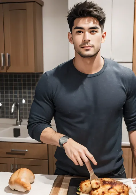 white guy,  nasolabial folds ,   thin lips   ,    brown eyes , black hair,   athletic body ,  Blood vessels are visible in the arms ,    Wide range   ,    Tall body      ,  young and handsome face, sharp gaze  , Highest Quality ,  Extremely Detailed  ,hand...