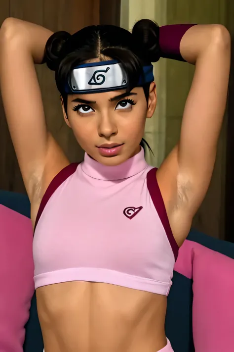 Tenten,human woman with fair skin and slight tan.with brown eyes and pink clothing. Her hair is long and brown in color; She is beautiful. Fair skin.Tsundere face. Pink eye shading,mature appearance,armpits,sweat,sweaty,sweaty armpits,arms up,showing armpi...