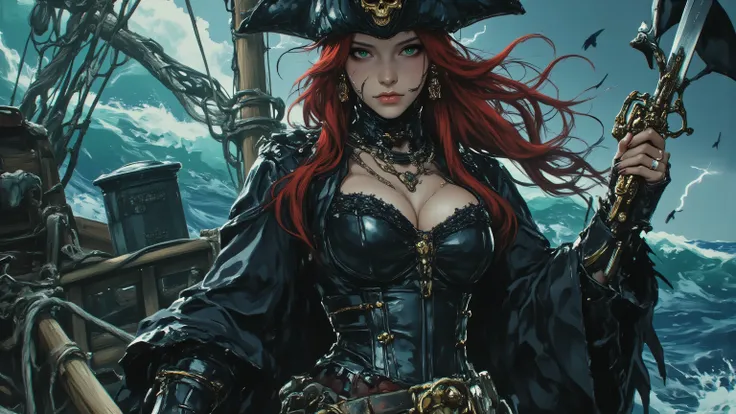 “A stunningly beautiful and fierce female pirate captain in her mid-20s, with long flowing crimson hair whipped by salty sea wind, sharp emerald eyes gleaming with defiant confidence, tanned skin marked with subtle scars from battles, full lips curled in a...