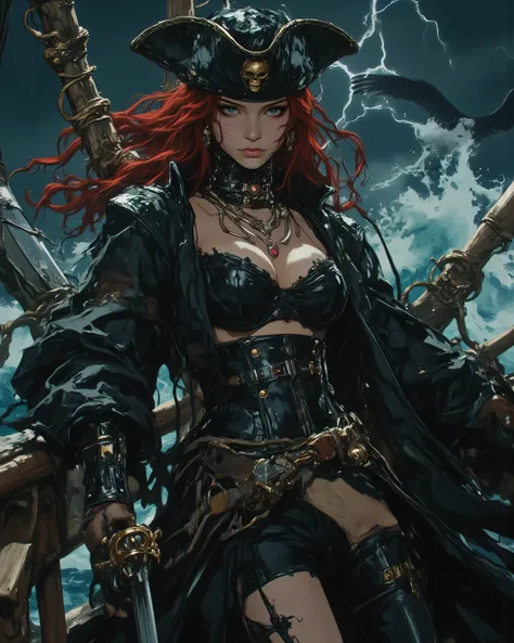 “A stunningly beautiful and fierce female pirate captain in her mid-20s, with long flowing crimson hair whipped by salty sea wind, sharp emerald eyes gleaming with defiant confidence, tanned skin marked with subtle scars from battles, full lips curled in a...
