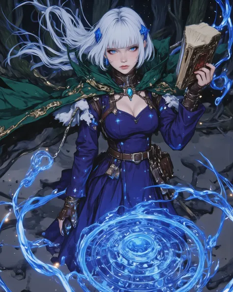 (masterpiece, best quality, highly detailed), 1girl, solo, Meteoros from Re:Creators, white short bob hair with blue droplet-shaped hairpins flowing dynamically in wind, sharp blue eyes glowing with magical energy, pale skin, beautiful calm and focused exp...