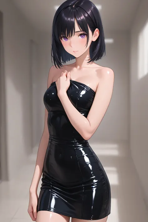 Masterpiece, Highest quality,
1girl, Alone,

black latex tube dress, short dress, strapless dress. 
( Masterpiece, the best quality, high resolution, ultra high resolution, perfect pixel, depth of field, 4k, RTTX10.0),
、Violet pair. , Love plus、long shiny ...