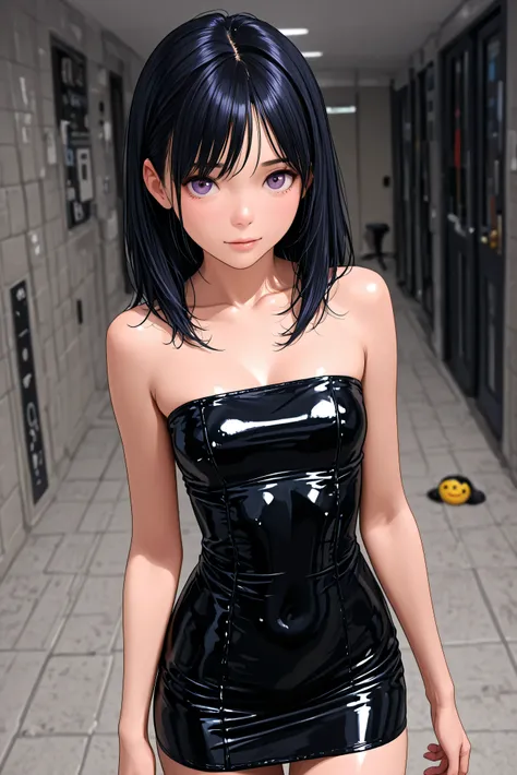 Masterpiece, Highest quality,
1girl, Alone,

black latex tube dress, short dress, strapless dress. 
( Masterpiece, the best quality, high resolution, ultra high resolution, perfect pixel, depth of field, 4k, RTTX10.0),
、Violet pair. , Love plus、long shiny ...