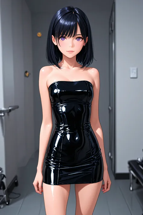 Masterpiece, Highest quality,
1girl, Alone,

black latex tube dress, short dress, strapless dress. 
( Masterpiece, the best quality, high resolution, ultra high resolution, perfect pixel, depth of field, 4k, RTTX10.0),
、Violet pair. , Love plus、long shiny ...