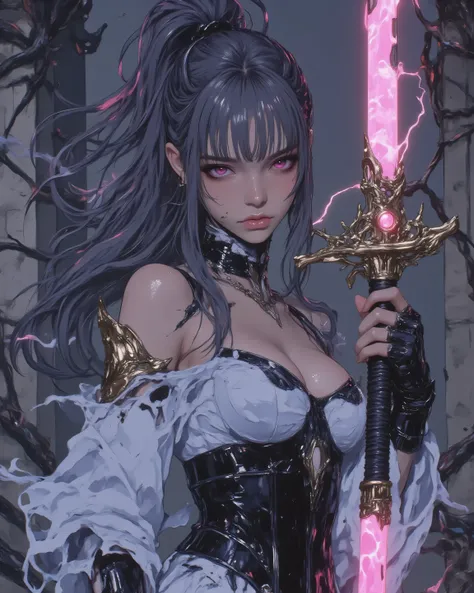 A highly detailed digital illustration of Velaris, a seductive elven warrior with dark grayish-purple skin that shimmers subtly like twilight shadows, anatomically perfect slender yet curvaceous body emphasizing sexy appeal with hourglass figure, full brea...