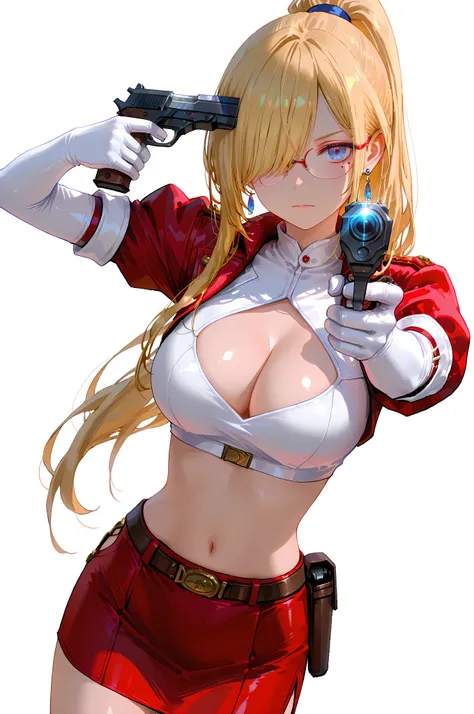 gun to head, holding weapon,guardians, Kurokishi,1boy,age26,solo,(aiming to head,aiming to self,aiming to viewer),incoming shot,dynamic angle,holding double guns,gloves, white gloves, elbow gloves, long hair,ponytail, breasts, large breasts, cleavage, clea...